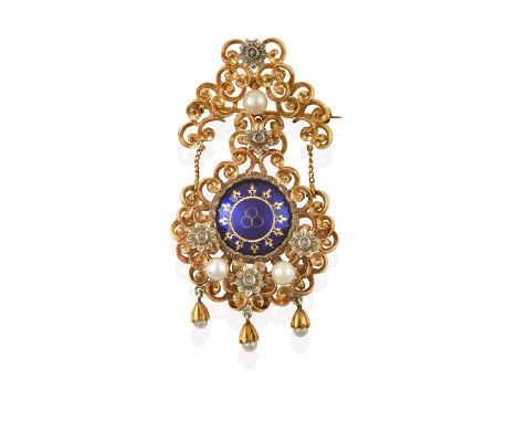 A Cultured Pearl, Diamond and Enamel Brooch, a blue enamel domed circular plaque within a yellow scrollwork border suspending