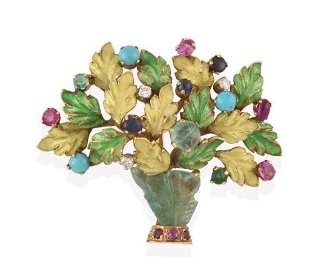 A Multi-Gem Set and Enamel Brooch, of giardinetto design, the vase formed of carved emerald, the floral sprays set throughout