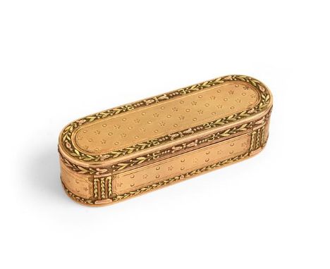 A Louis XVI Three-Colour Gold Snuff-Box, Maker's Mark JJ, A Bird (?) Between, Paris, Probably 1784, narrow oblong and with hi