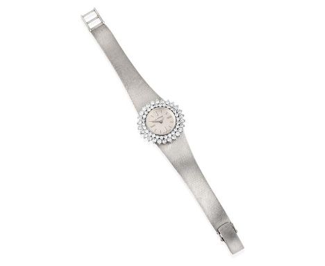 A Lady's 18 Carat White Gold Diamond Set Wristwatch, signed Le Monde, circa 1975, lever movement, bark finish silvered dial w