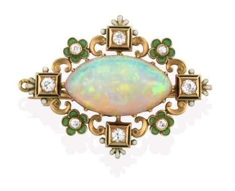 An Opal, Diamond and Enamel Brooch, circa 1900, the central marquise cabochon opal in a yellow claw setting, within a frame s