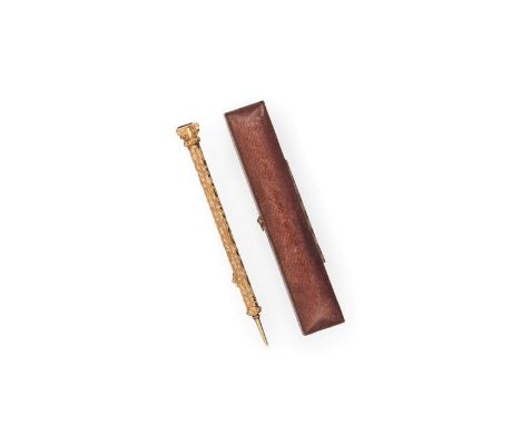 A Victorian Gold Propelling-Pencil, by Sampson Mordan and Co. Circa 1880, cylindrical, with foliage cast finial with amethyst