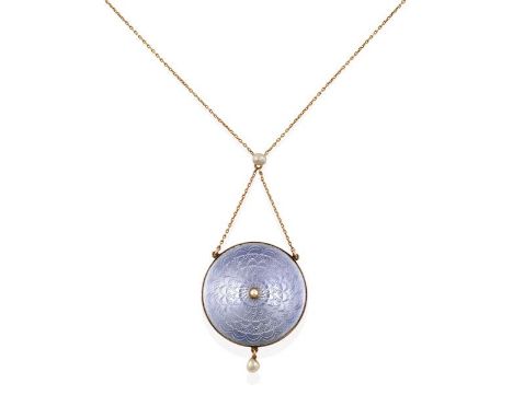 An Edwardian Enamel and Seed Pearl Necklace, the lilac guilloche enamel domed circular pendant with a split pearl centrally a