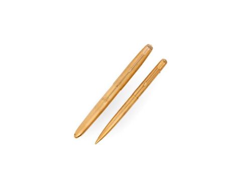 An Elizabeth II Gold Fountain-Pen and Pencil, by Parker, London, 1960, 18ct, each with engine-turned barrel, the caps each wi
