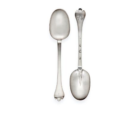 A Pair of Charles II Silver Trefid Spoons, Maker's Mark IP, Star Above, Crescent Below, London, Circa 1680, the back of the h