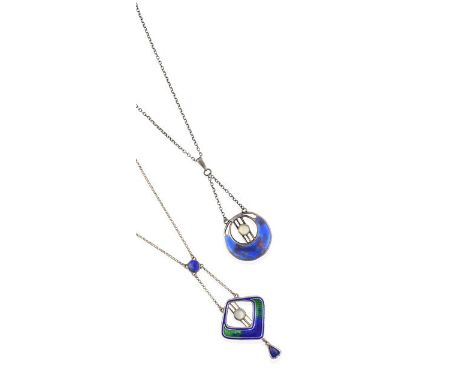 Two Art &amp; Crafts Silver Enamel and Mother-of-Pearl Necklaces, by Charles Horner, one enamelled in blue and green, and the