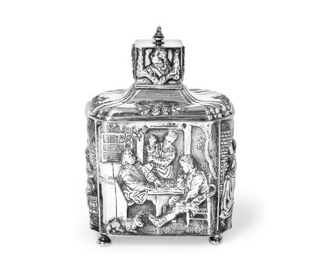 A Dutch Silver Tea-Caddy, by Cornelis Rietveld, Schoonhoven, 1906, shaped oblong and on four fun feet, the sides chased with 
