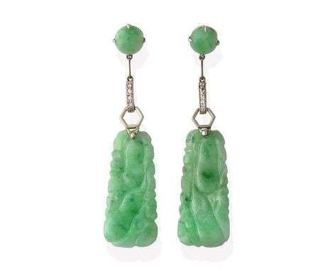 A Pair of Jade and Diamond Drop Earrings, a round cabochon jade suspends a white geometric eight-cut diamond set link, to a c