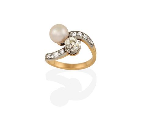 A Diamond and Cultured Pearl Twist Ring, the old cut diamond diagonally set to a cultured pearl, with old cut and rose cut di