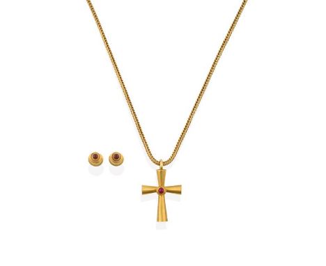 A Ruby Cross Pendant on Chain, by Ilias Lalaounis, the cross inset with a round cabochon ruby centrally in a yellow rubbed ov