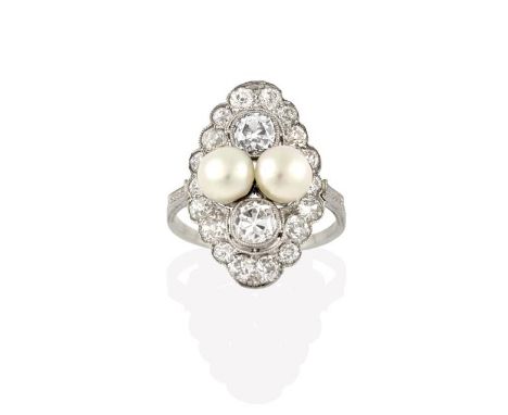 A Cultured Pearl and Diamond Ring, the navette shaped plaque formed of two cultured pearls and two old cut diamonds within a 