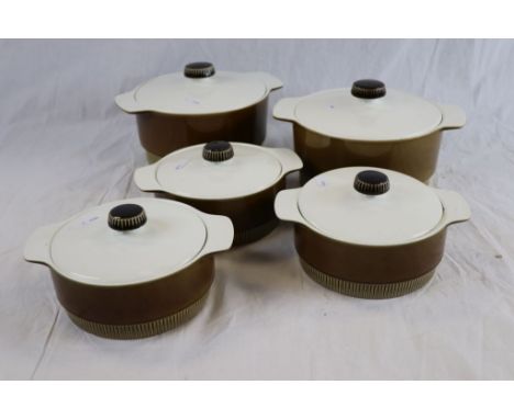 Five Poole Pottery Lidded Casserole Dishes