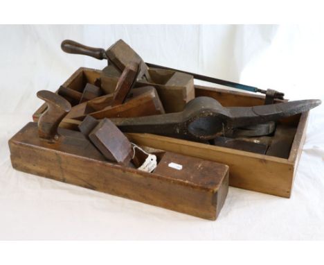 Collection of Tools including Planes, Hammers, Axe Head, etc