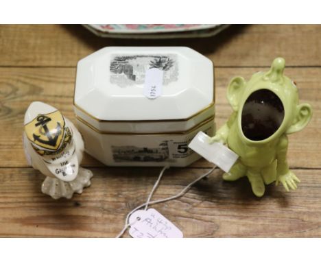 A Worcester lidded trinket box with Topographical panels together with a crested china Gladeye Bird and a novelty figurative 