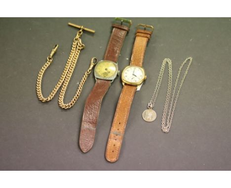 Two vintage gents wristwatches, a Gold plated watch chain and a Silver St Christopher pendant