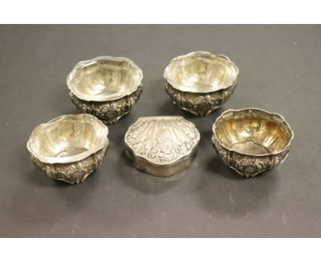 Four white metal open Salts, three with glass liners and a Dutch hallmarked Silver Snuff box