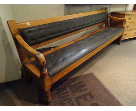 Early 20th century Railway Bench with Green Studded Leather Upholstered Back and Seat, obtained by the vendor directly from C