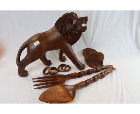 Large Hardwood Carved Lion together with a Pair of African Wooden Carved Oversized Salad Servers, Wall Bracket and Four Bangl