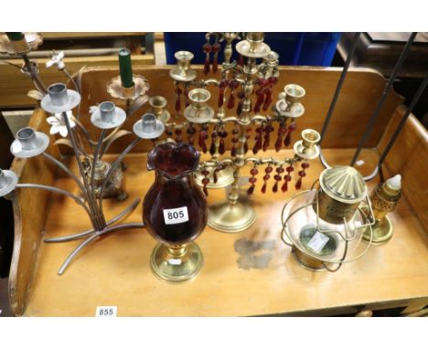 Collection of Eight Candle Stands including Gilt Metal and Ceramic Flower Candle Stand, Pair Brass Candle Stands with Red Gla