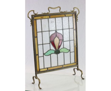Art Nouveau Brass Framed Fire Screen with Leaded Coloured Glass Panel