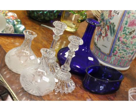 Blue Glass Decanter (no stopper) and a Blue Glass Liner together with Pair of Glass Candlesticks and Pair of Etched Glass Sma