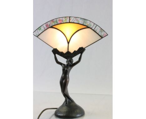 Art Deco Table Lamp in the form of a Naked Lady holding a Tiffany Style Fan