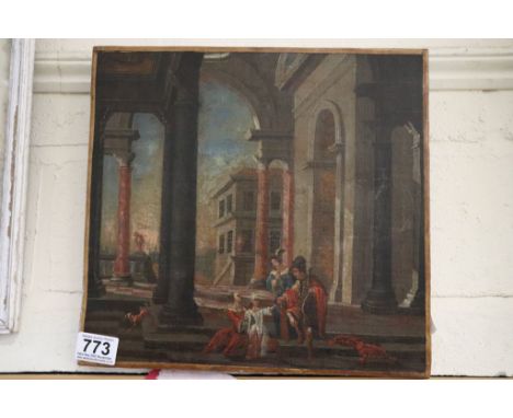 Dutch Scene Oil on Canvas depicting Four Figures and a Dog by Classical Buildings, label to verso "Van Delen, Dirk", unframed