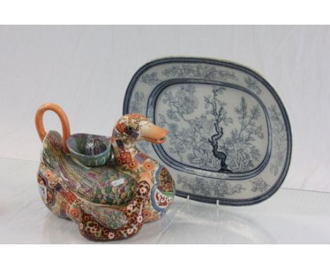 Large Oriental ceramic teapot in the form of Ducks, a silver plated toast rack and a blue & white meat plate