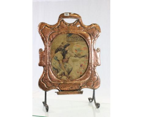 Copper Art Nouveau fire screen with painted central panel on wood