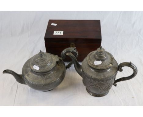 Georgian Rosewood Tea Caddy and Two 19th century Pewter Teapots