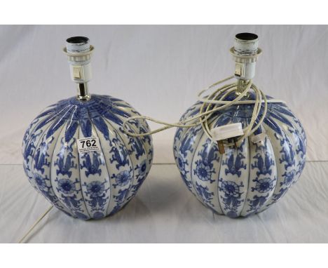 Pair of Modern Chinese Blue and White Ceramic Bulbous Table Lamps