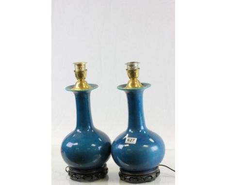 Pair of Chinese Turquoise Blue Ceramic Table Lamps on Carved Wooden Bases