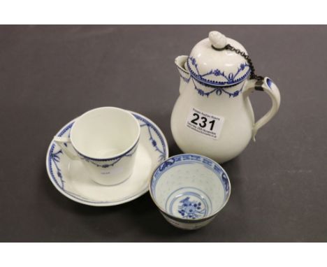 18/19th Century ceramic Teapot, teacup and shallow bowl, possibly Worcester and an Oriental tea bowl