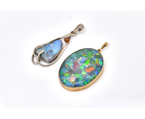 TWO OPAL PENDANTS (2)The oval pendant mounted with a mosaic of opals, the second pendant in an abstract design, mounted with 