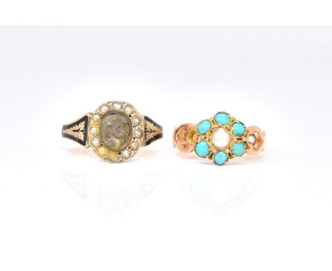 A VICTORIAN 15CT GOLD, TURQUOISE AND PEARL CLUSTER RING AND ANOTHER RING (2)The first ring mounted with a half pearl at the c