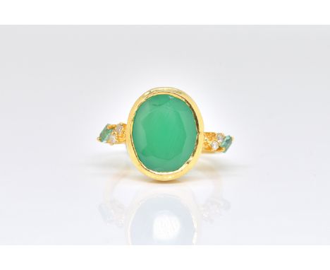 A CHRYSOPRASE AND DIAMOND RINGBezel set with an oval-cut chrysoprase, the shoulders set with green gems and diamonds, detaile