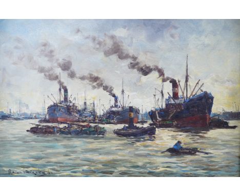 ANTON DIRCKX (DUTCH, 1878-1927) (2)Steam ships and other shipping in a busy port
signed 'Anton Dirckx' (lower left)
oil on ca