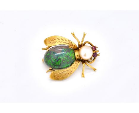AN OPAL, CULTURED PEARL AND GEM SET GOLD INSECT BROOCHHaving an opal body and with ruby set eyes, detailed 14 K, length 30mm,
