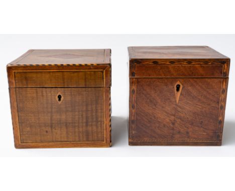 A GEORGE III INLAID HAREWOOD SINGLE CADDY (2)13cm wide; 12cm deep; 12cm high, together with a similar inlaid mahogany example