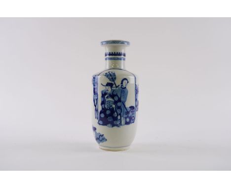 A CHINESE KANGXI STYLE BLUE AND WHITE ROULEAU VASEPainted with a seated official with two female attendants, 25.5cm highSome 