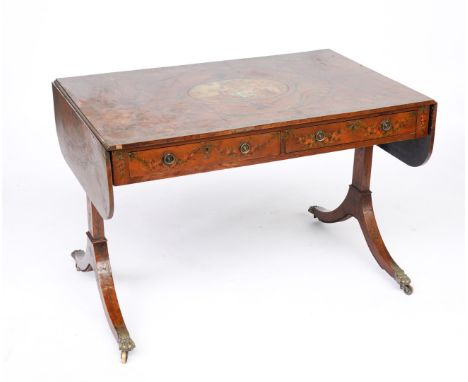 A GEORGE III LATER POLYCHROME PAINTED TWO DRAWER SOFA TABLE108cm wide; 156cm wide open; 68cm deep