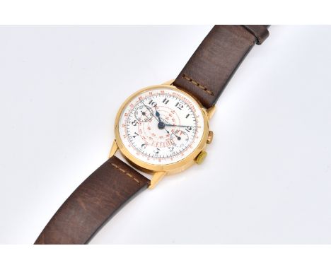 A GOLD BERTHOUD GENEVE CHRONOGRAPH WRISTWATCHThe white enamel dial with Arabic numerals, two subsidiary dials and outer telem