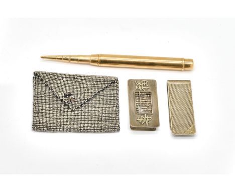 A 9CT GOLD CASED DROP ACTION PENCIL AND THREE FURTHER ITEMS (4)The drop action pencil by S. Mordan &amp; Co, London 1940, gro