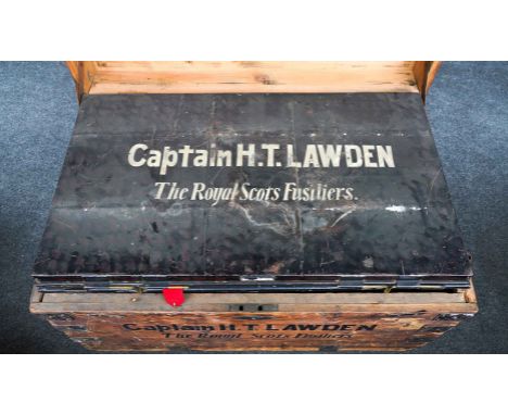 A MILITARY TRUNK, UNIFORM AND EPHEMERA BELONGING TO MAJOR HENRY T. LAWDEN M.C., ROYAL SCOTS FUSILIERSPine outer trunk and a m