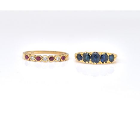 TWO GOLD AND GEM SET RINGS (2)Comprising; an 18ct gold ring, mounted with a row of five greduated oval cut sapphires, ring si