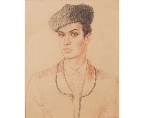 MOLLY BISHOP (BRITISH, 1911-1998)Portrait of a man, thought to be Rudolph Nureyev
signed 'Molly Bishop' (lower right)
red and