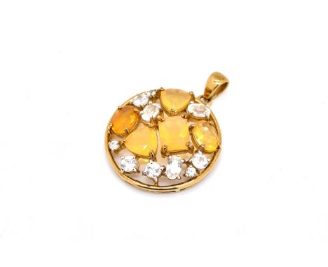 A 9CT GOLD, FIRE OPAL AND COLOURLESS ZIRCON PENDANTIn a circular design, mounted with variously cut gemstones, diameter 24.5m