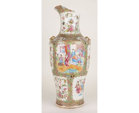 A TALL CANTON FAMILLE-ROSE BALUSTER VASE19th century
Painted with figurative panels alternating with panels of birds, insects