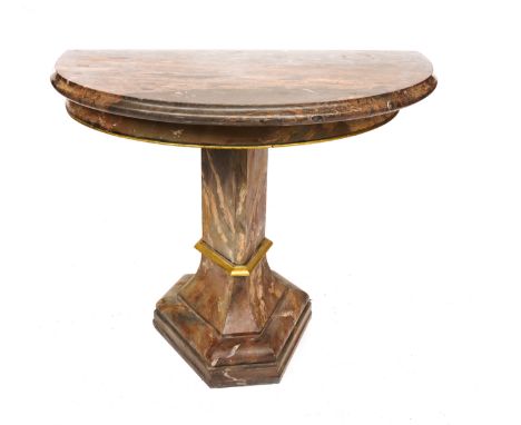 A MARBLE DEMI-LUNE CONSOLE TABLE ON FAUX PAINTED MARBLE PEDESTAL102cm wide; 60cm deep; 80cm high