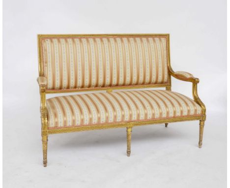 A SUITE OF LOUIS XVI STYLE FURNITURE (5)To comprise sofa 140cm wide; 93cm high. 2 open arm chairs 61cm wide; 92cm high. 2 sin